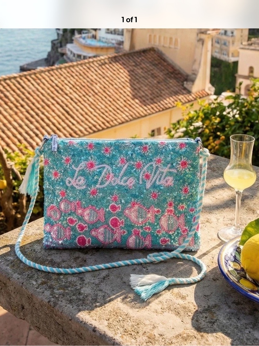 Antica sartoria Dolce Vita Beaded Floral Crossbody in Aqua and Pink